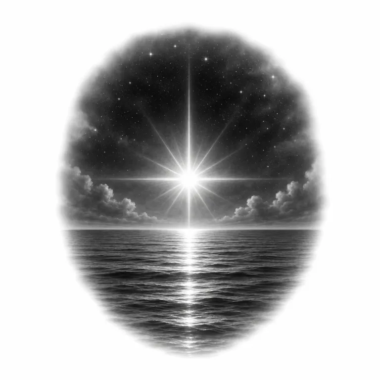Tatouage étoile réaliste en noir et gris : un astre au halo lumineux au-dessus d'une mer calme