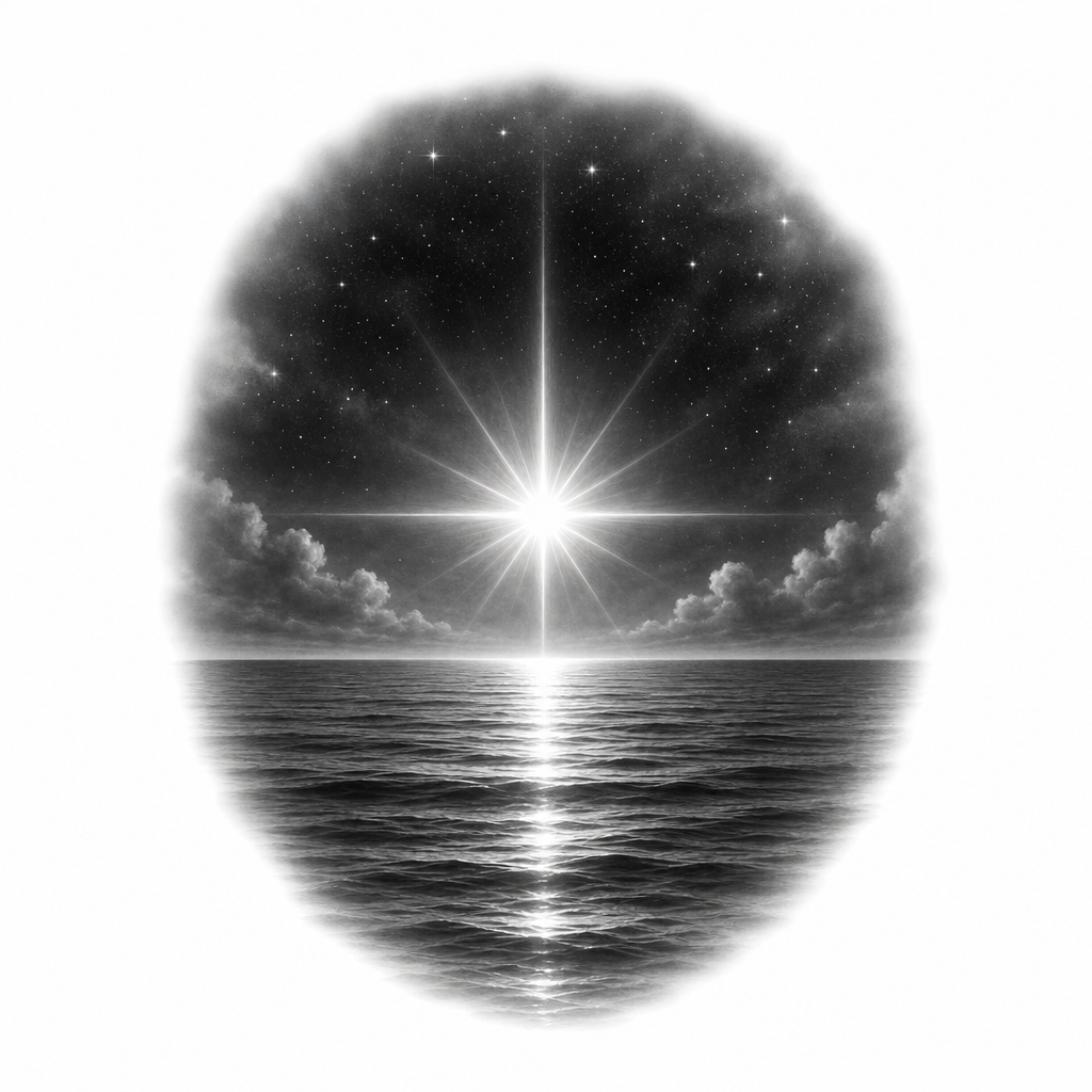 Tatouage étoile réaliste en noir et gris : un astre au halo lumineux au-dessus d'une mer calme