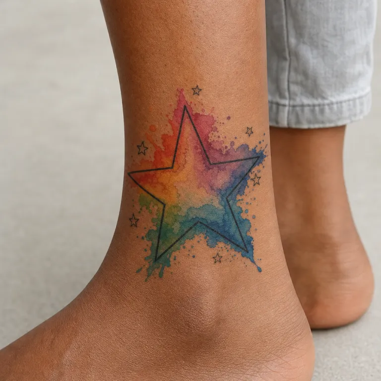 Tatouage étoile aquarelle sur la cheville d'une femme (simulation IA)