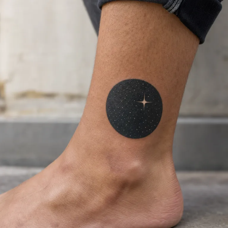 Tatouage étoile blackwork en ciel de nuit sur la cheville d'un homme (simulation IA)