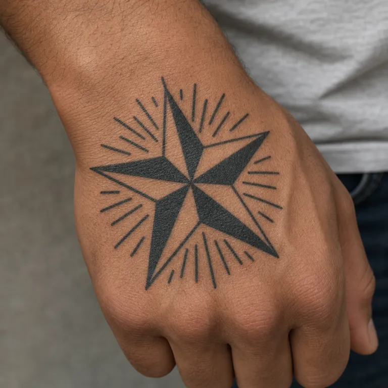 Tatouage étoile nautique blackwork sur le dos de la main d'un homme (simulation IA)