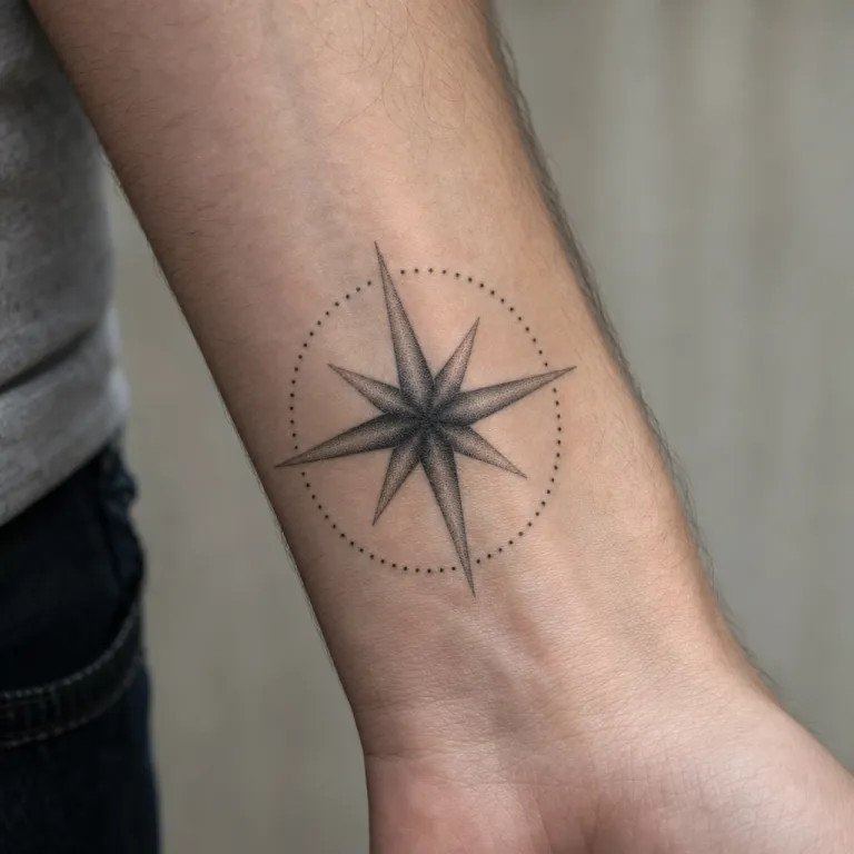 Tatouage étoile rayonnante dotwork à l'intérieur du poignet d'un homme (simulation IA)