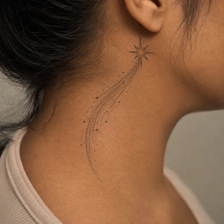 Tatouage étoile filante fine line sur le côté du cou d'une femme (simulation IA)