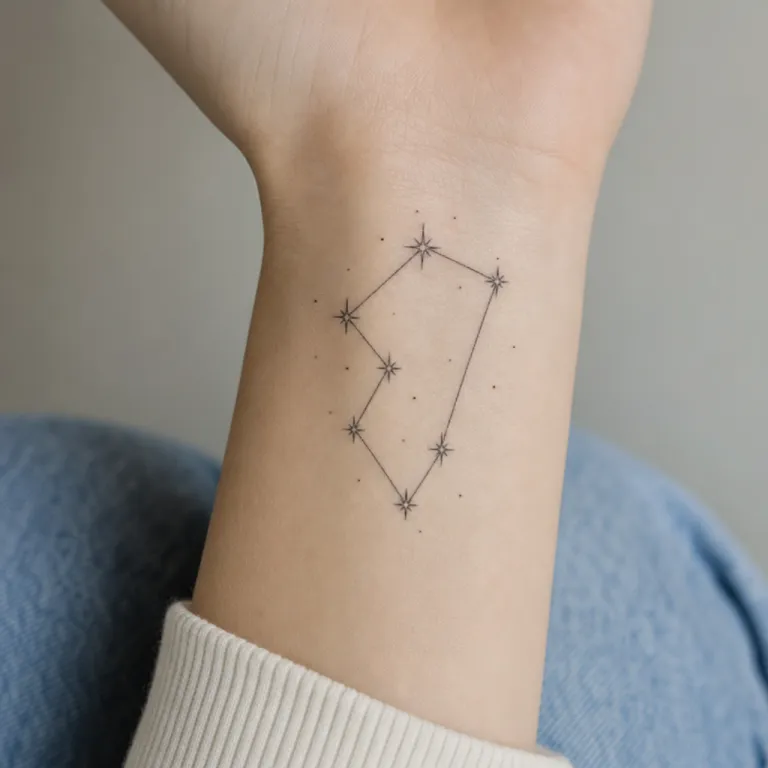 Tatouage de sept étoiles fine line en constellation à l'intérieur du poignet d'une femme (simulation IA)