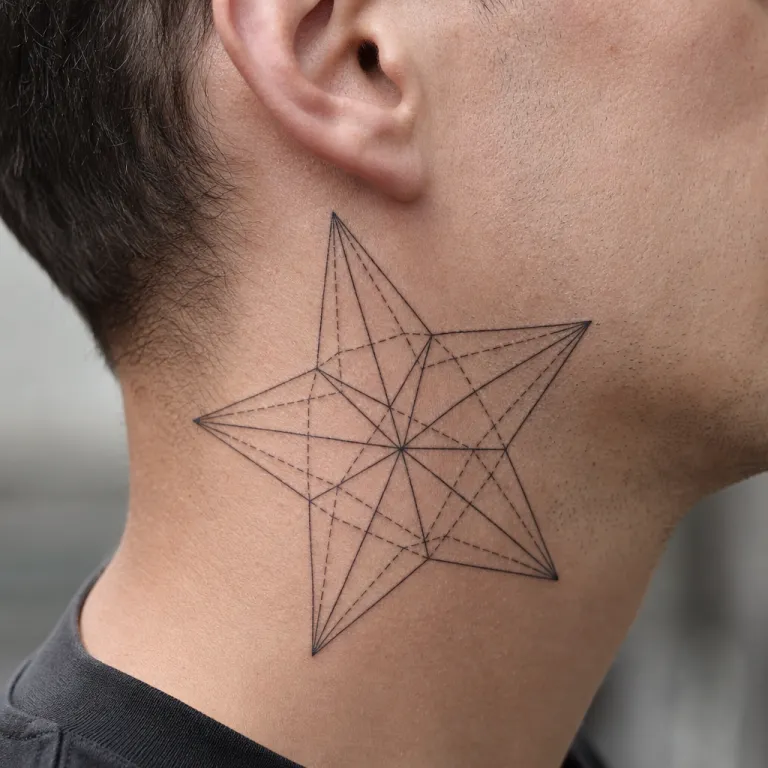 Tatouage étoile géométrique en volume sur le côté du cou d'un homme (simulation IA)