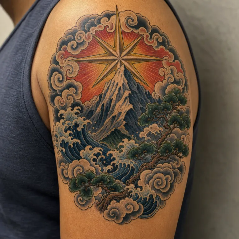 Tatouage étoile de style japonais sur le haut du bras d'un homme (simulation IA)