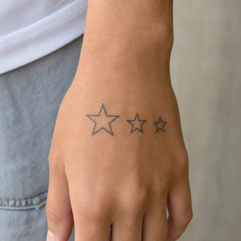 Tatouage de trois étoiles minimalistes sur le côté de la main d'une femme (simulation IA)