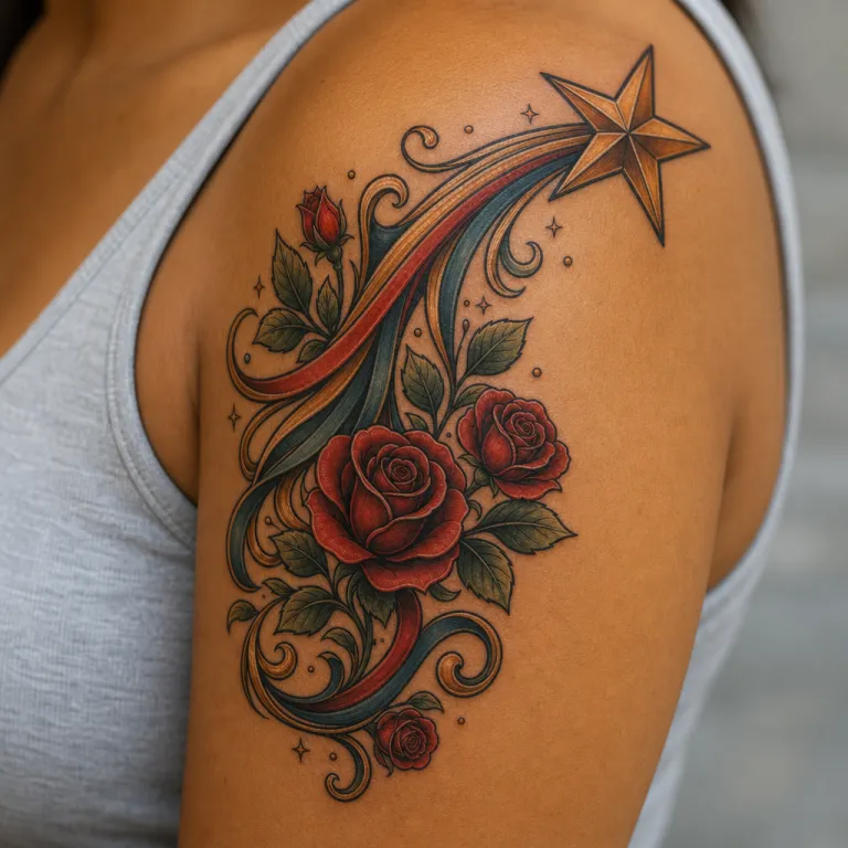 Tatouage étoile filante néo-traditionnelle sur l'épaule d'une femme (simulation IA)