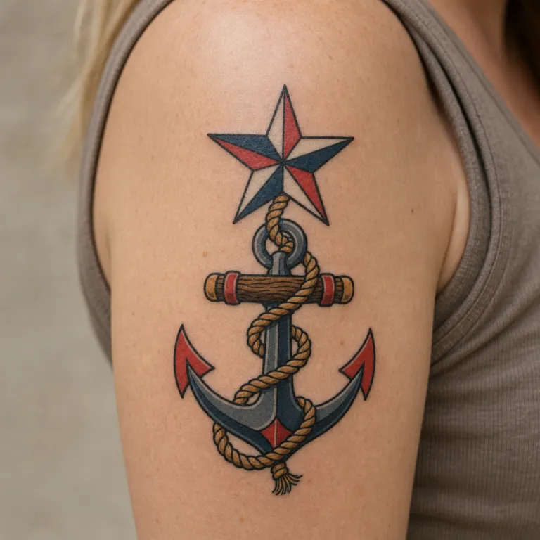 Tatouage étoile nautique old school sur le haut du bras d'une femme (simulation IA)
