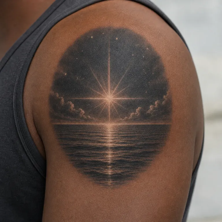Tatouage étoile réaliste au-dessus de la mer sur l'épaule d'un homme (simulation IA)