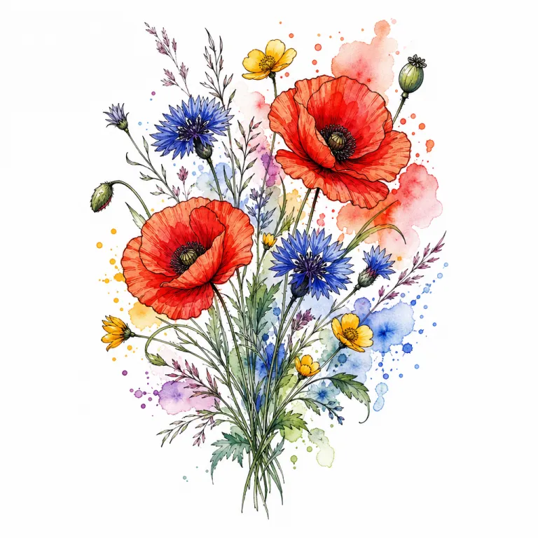 Tatouage fleur aquarelle : un bouquet des champs, bleuets, coquelicots et boutons-d'or qui débordent