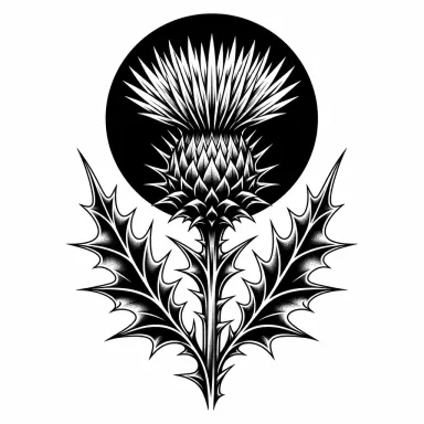 Tatouage fleur blackwork : un chardon aux feuilles épineuses sur un disque noir plein