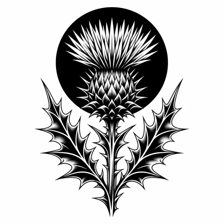 Tatouage fleur blackwork : un chardon aux feuilles épineuses sur un disque noir plein