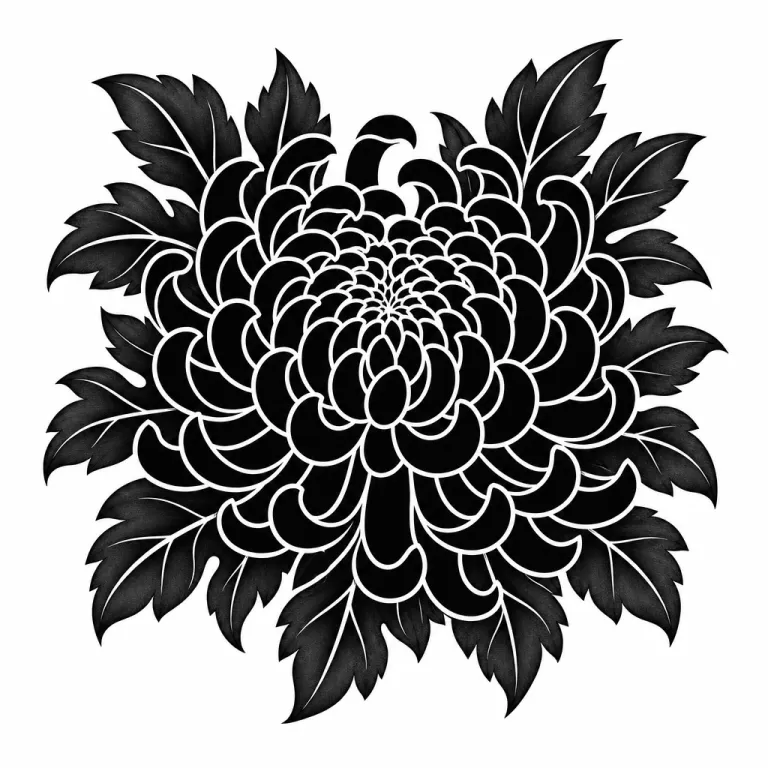 Tatouage fleur blackwork : un chrysanthème vu de face, pétales noirs pleins séparés de lignes claires