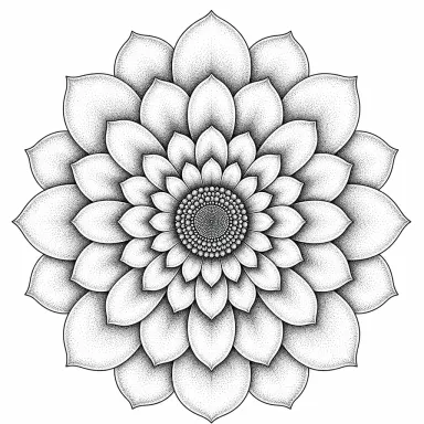 Tatouage fleur dotwork vue de dessus, pétales en anneaux concentriques formant un mandala