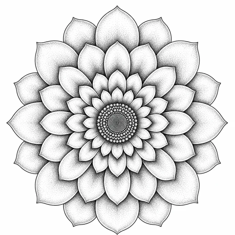 Tatouage fleur dotwork vue de dessus, pétales en anneaux concentriques formant un mandala