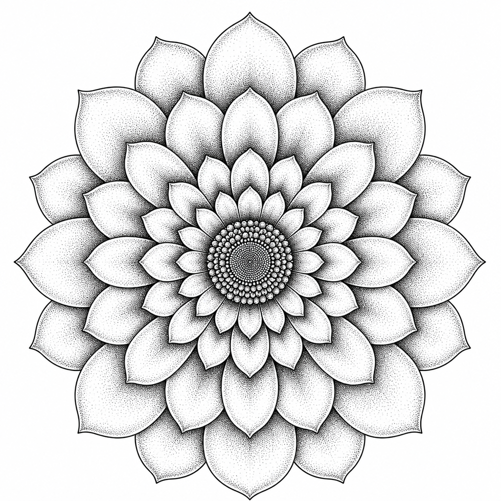 Tatouage fleur dotwork vue de dessus, pétales en anneaux concentriques formant un mandala