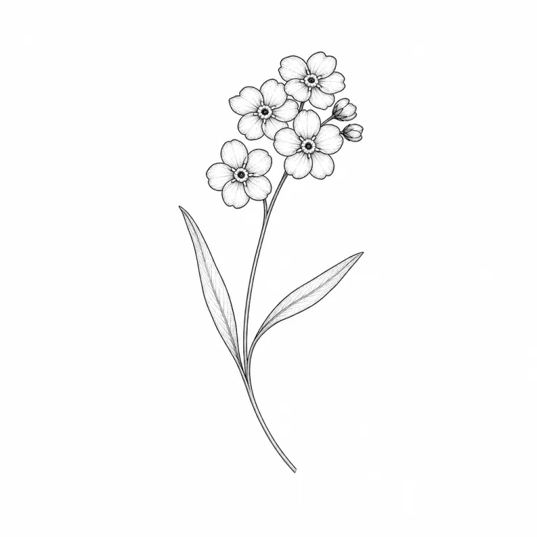 Tatouage fleur fine line : un brin de myosotis aux petites fleurs groupées au bout d'une tige courbe