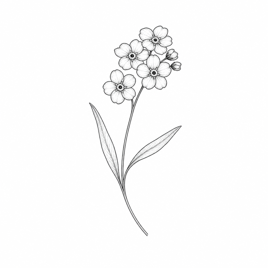 Tatouage fleur fine line : un brin de myosotis aux petites fleurs groupées au bout d'une tige courbe