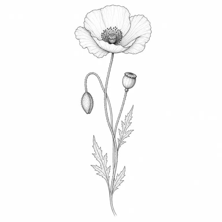 Tatouage fleur fine line : un coquelicot sauvage à longue tige, avec un bouton et une capsule