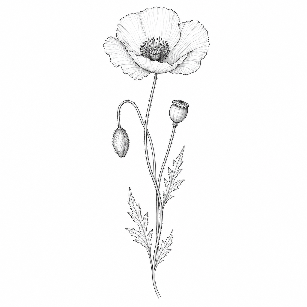 Tatouage fleur fine line : un coquelicot sauvage à longue tige, avec un bouton et une capsule