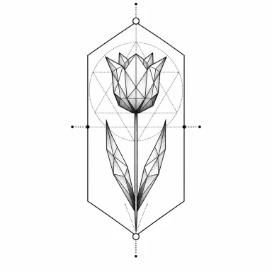 Tatouage fleur géométrique : une tulipe aux pétales en facettes, tige traversant un hexagone