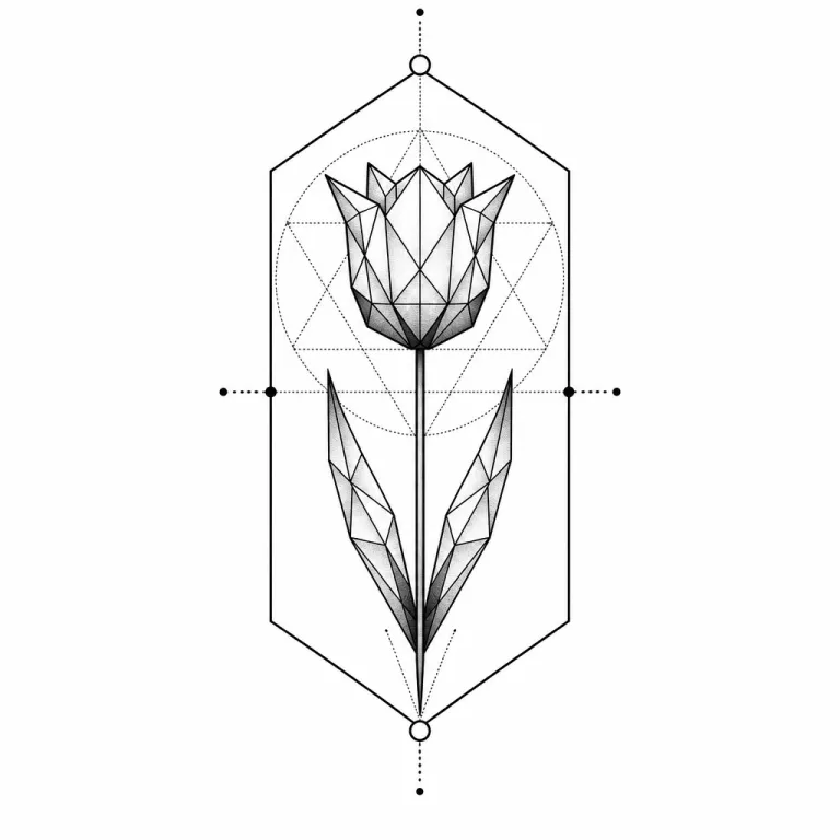 Tatouage fleur géométrique : une tulipe aux pétales en facettes, tige traversant un hexagone