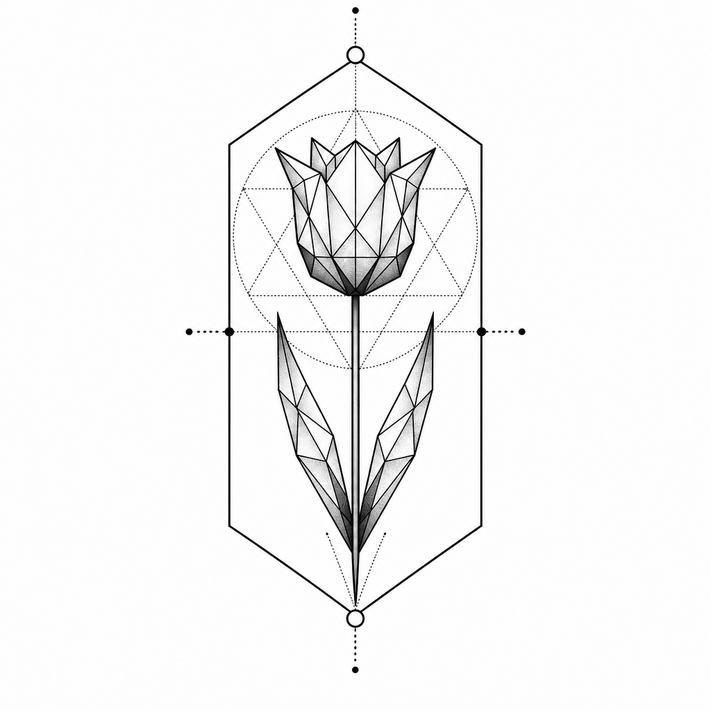Tatouage fleur géométrique : une tulipe aux pétales en facettes, tige traversant un hexagone