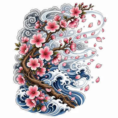 Tatouage fleur de style japonais : une branche de cerisier en fleurs au-dessus de l'eau, pétales au vent