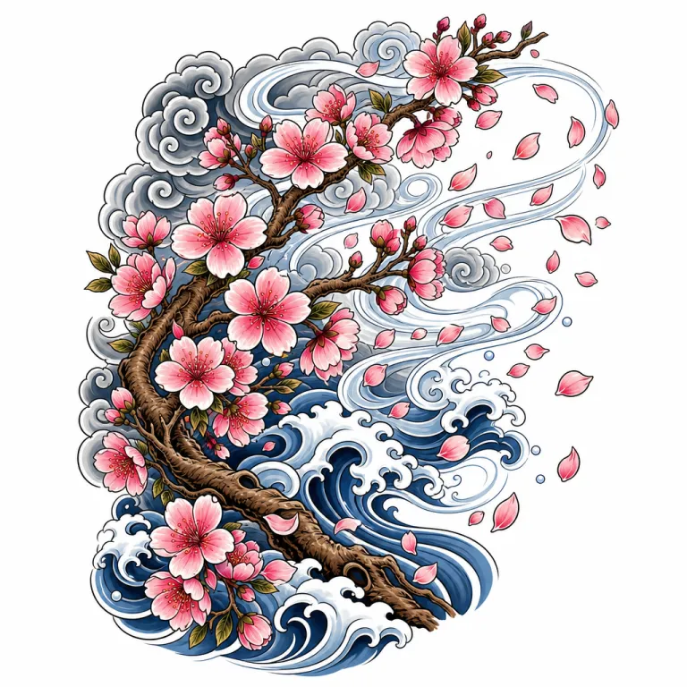 Tatouage fleur de style japonais : une branche de cerisier en fleurs au-dessus de l'eau, pétales au vent