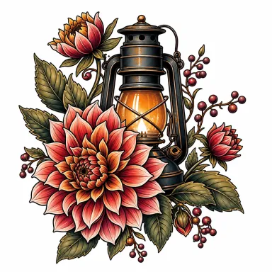 Tatouage fleur néo-traditionnel : un dahlia aux pétales superposés autour d'une lanterne
