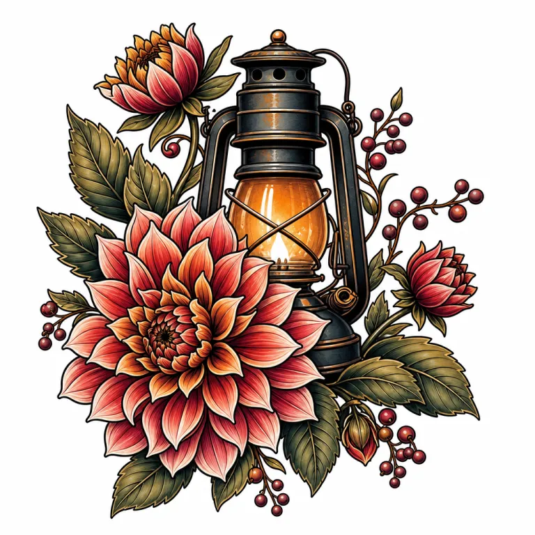 Tatouage fleur néo-traditionnel : un dahlia aux pétales superposés autour d'une lanterne