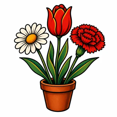 Tatouage fleur old school : une tulipe, une marguerite et un œillet en éventail dans un petit pot