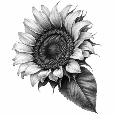 Tatouage fleur réaliste : un tournesol de trois quarts, cœur détaillé et pétales recourbés