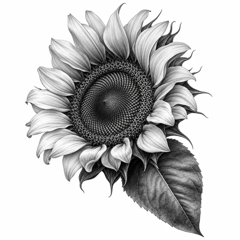 Tatouage fleur réaliste : un tournesol de trois quarts, cœur détaillé et pétales recourbés