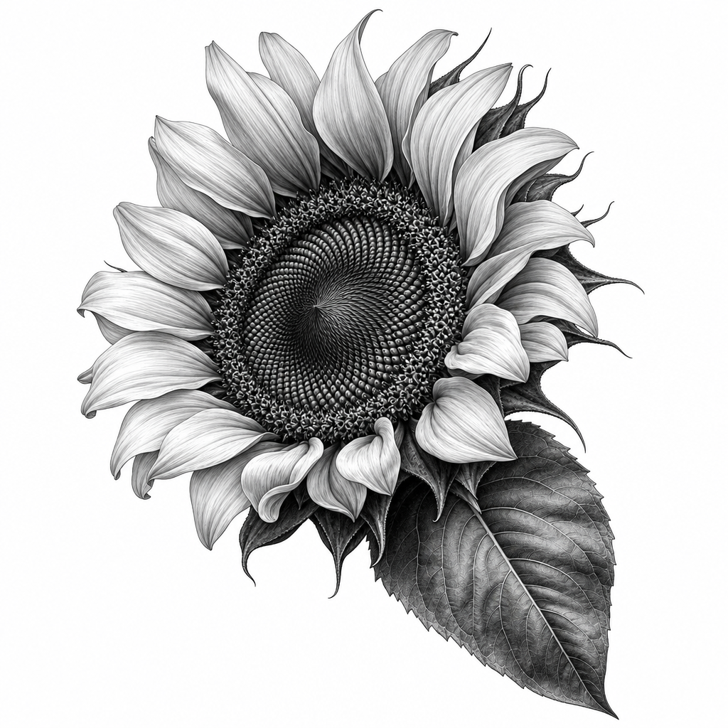 Tatouage fleur réaliste : un tournesol de trois quarts, cœur détaillé et pétales recourbés