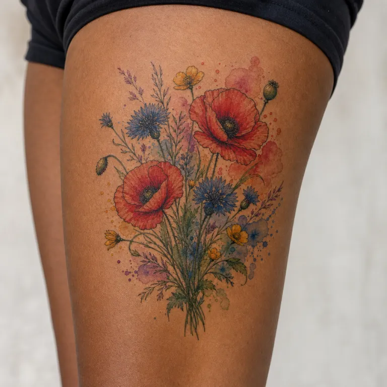 Tatouage fleur aquarelle sur la cuisse d'une femme (simulation IA)