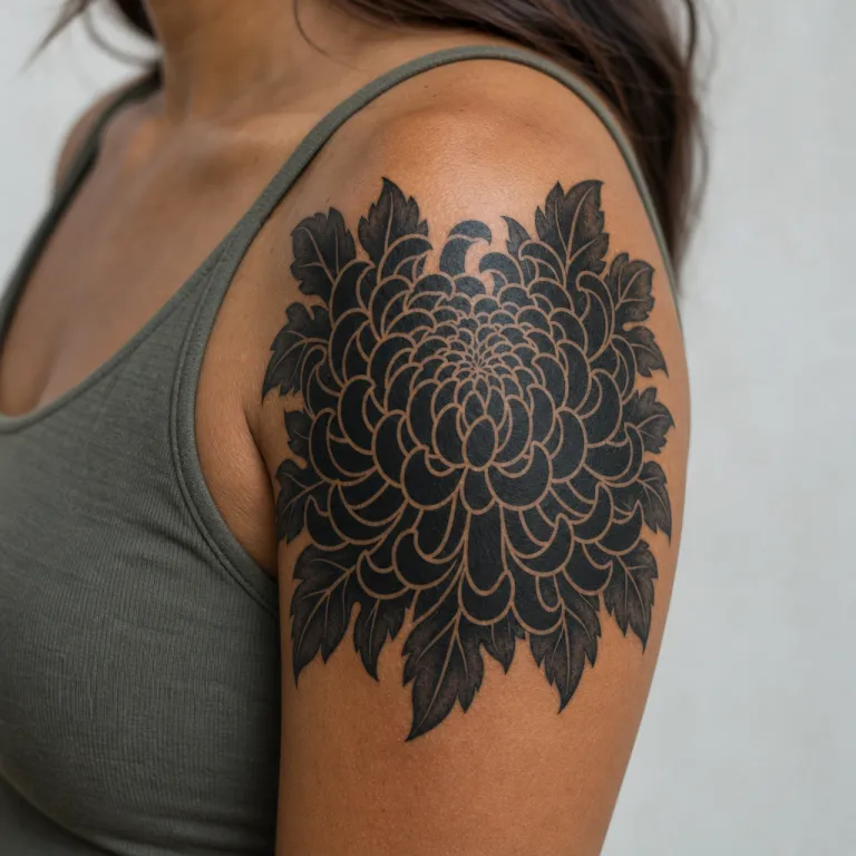 Tatouage fleur blackwork sur l'épaule d'une femme (simulation IA)