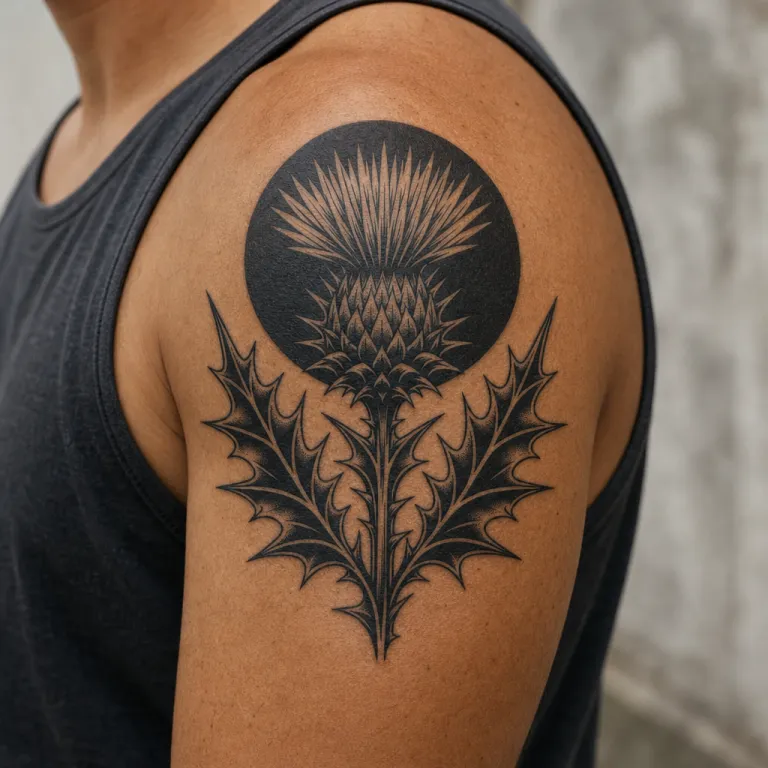 Tatouage fleur blackwork sur l'épaule d'un homme (simulation IA)