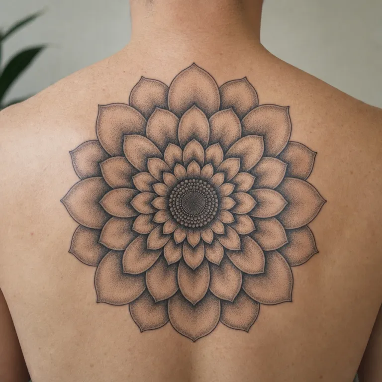 Tatouage fleur dotwork en haut du dos d'un homme (simulation IA)