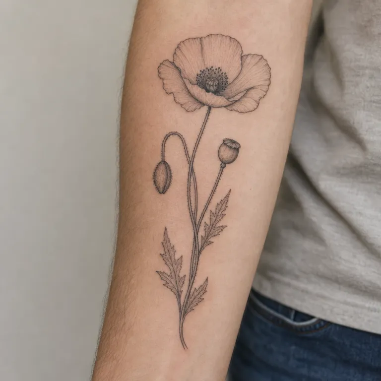 Tatouage fleur fine line sur l'avant-bras d'un homme (simulation IA)