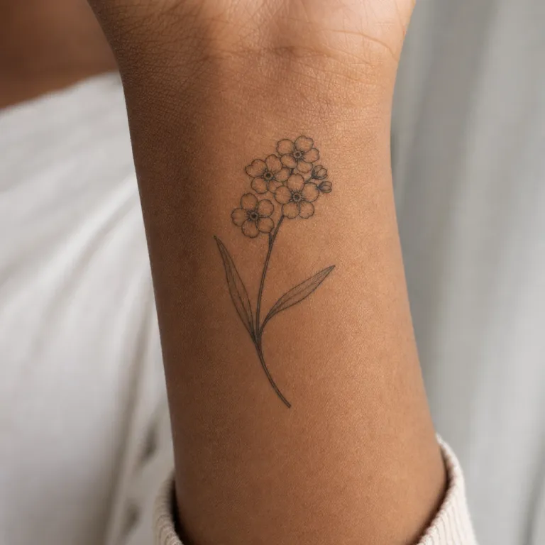 Tatouage fleur fine line à l'intérieur du poignet d'une femme (simulation IA)