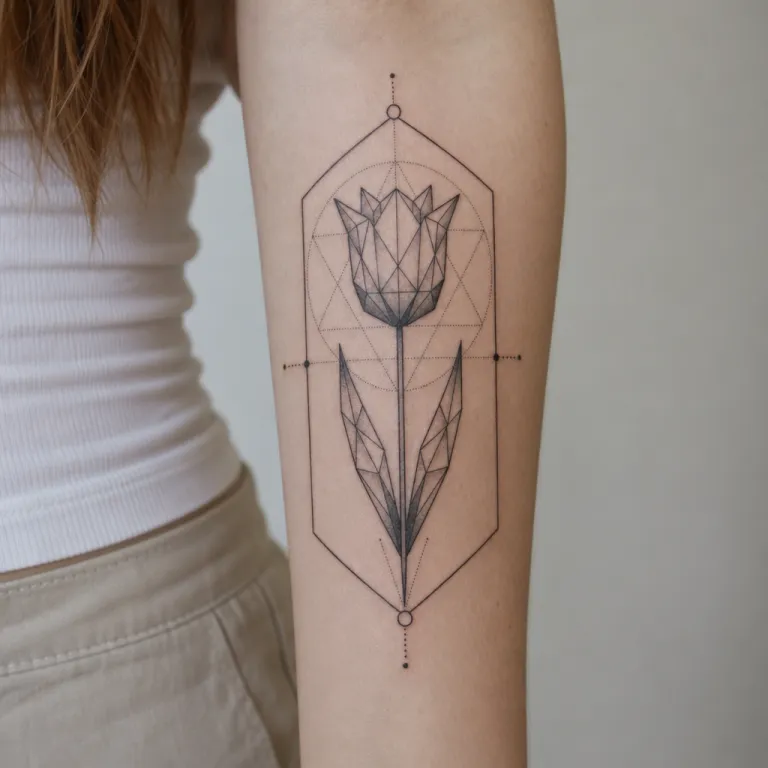Tatouage fleur géométrique sur l'avant-bras d'une femme (simulation IA)