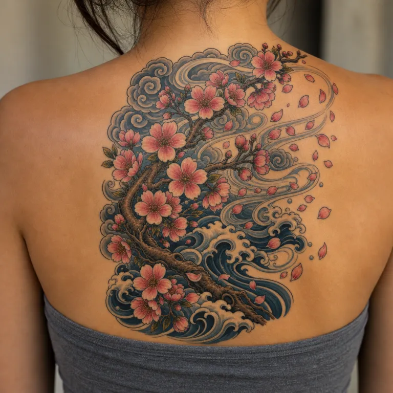 Tatouage fleur de style japonais en haut du dos d'une femme (simulation IA)