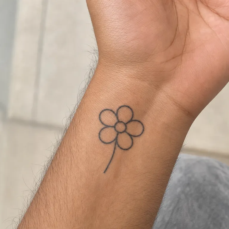 Tatouage fleur minimaliste à l'intérieur du poignet d'un homme (simulation IA)