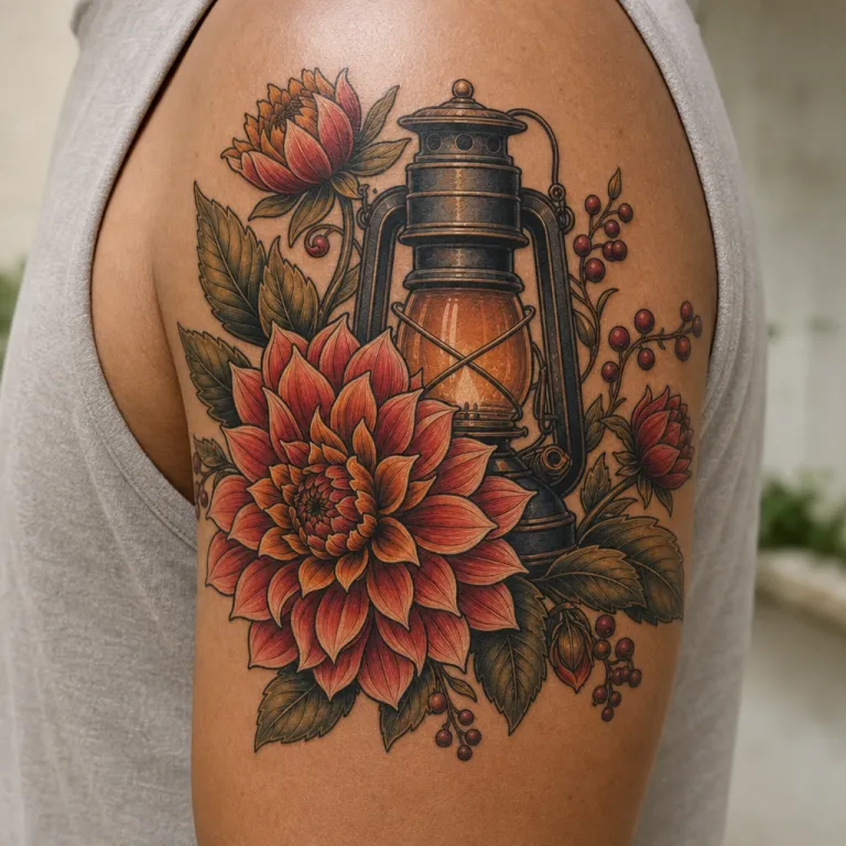 Tatouage fleur néo-traditionnel sur le haut du bras d'un homme (simulation IA)