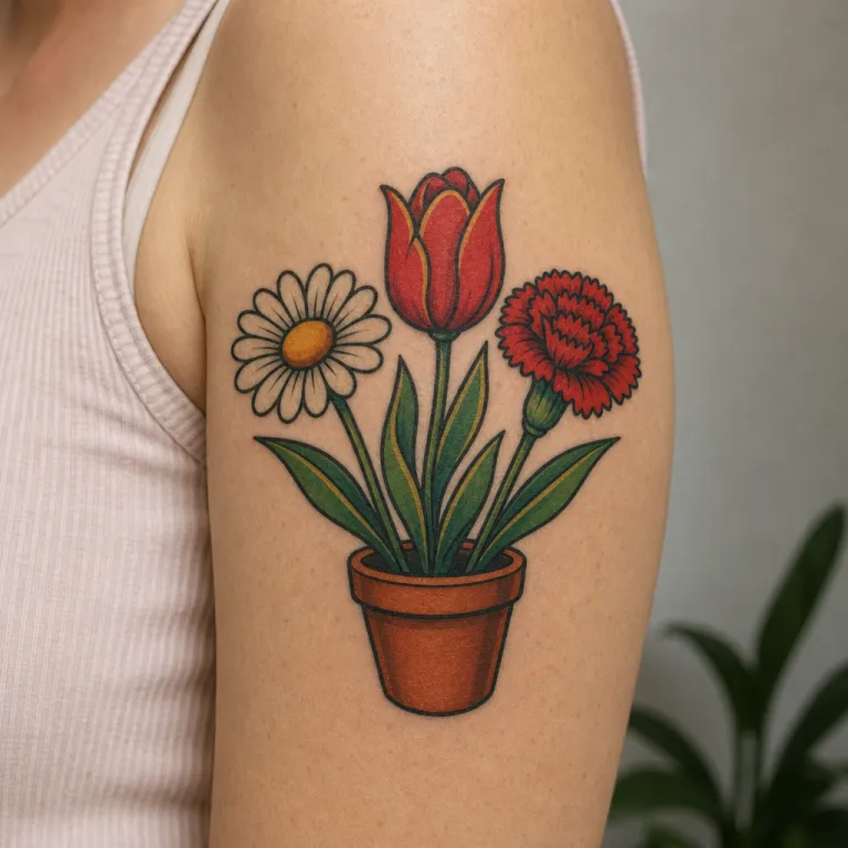 Tatouage fleur old school sur le haut du bras d'une femme (simulation IA)
