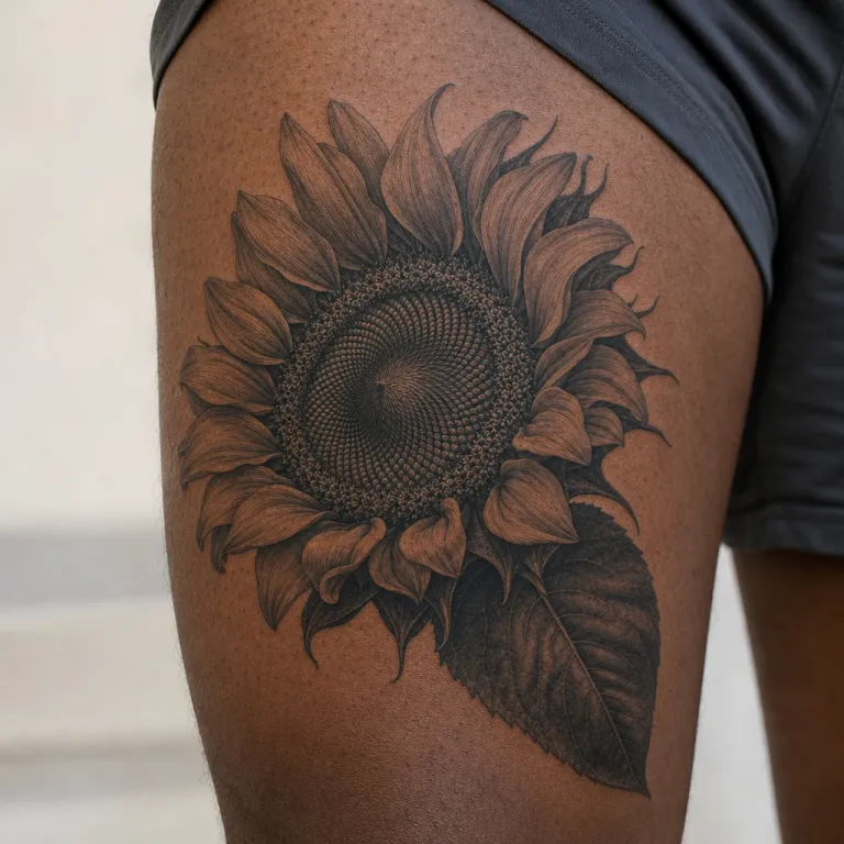 Tatouage fleur réaliste sur la cuisse d'un homme (simulation IA)