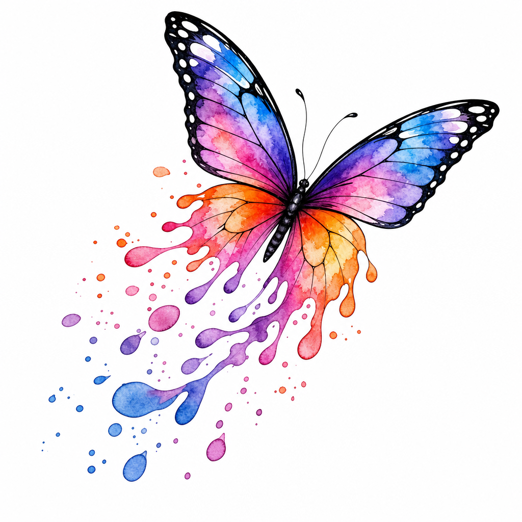 Tatouage papillon aquarelle en plein vol, ailes basses qui se fondent en gouttes de couleur