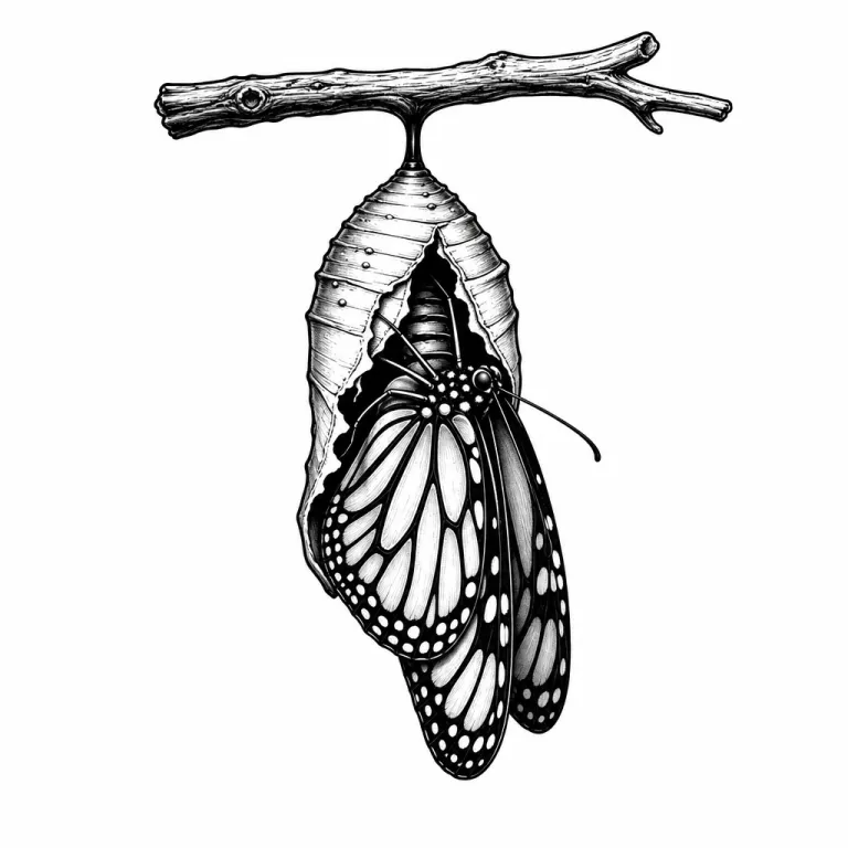 Tatouage papillon blackwork sortant d'une chrysalide fendue, suspendue à une brindille